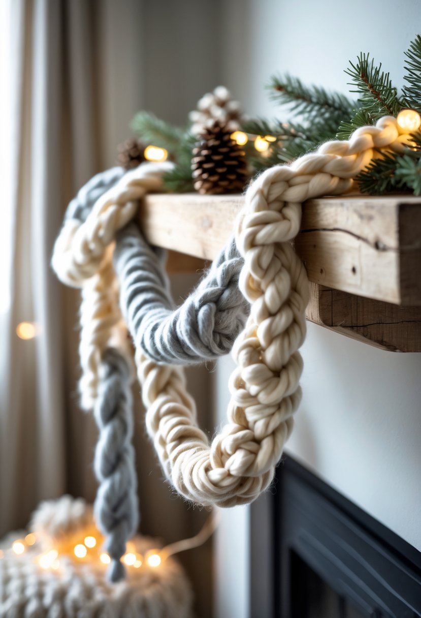 Chunky yarn garland draped over a rustic mantel with pinecones, evergreen sprigs, and warm fairy lights in a cozy winter setting.
