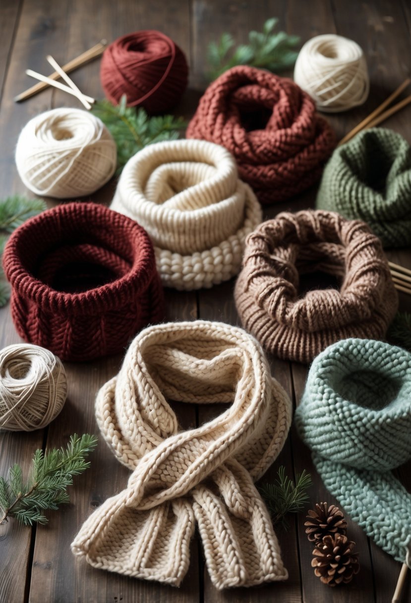 A collection of knitted winter scarves displayed on a wooden table with knitting supplies and winter decorations.
