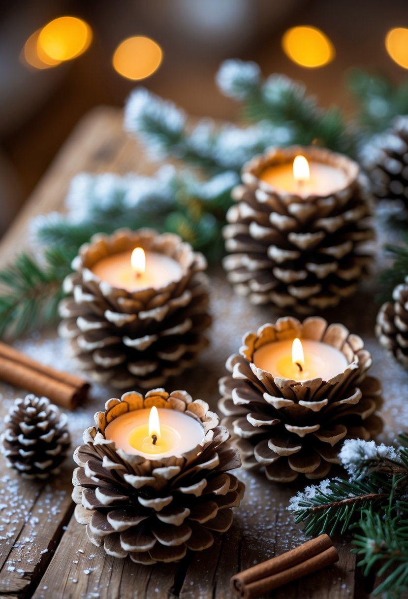 Several pinecone candle holders with lit candles on a wooden table surrounded by winter greenery and cinnamon sticks.