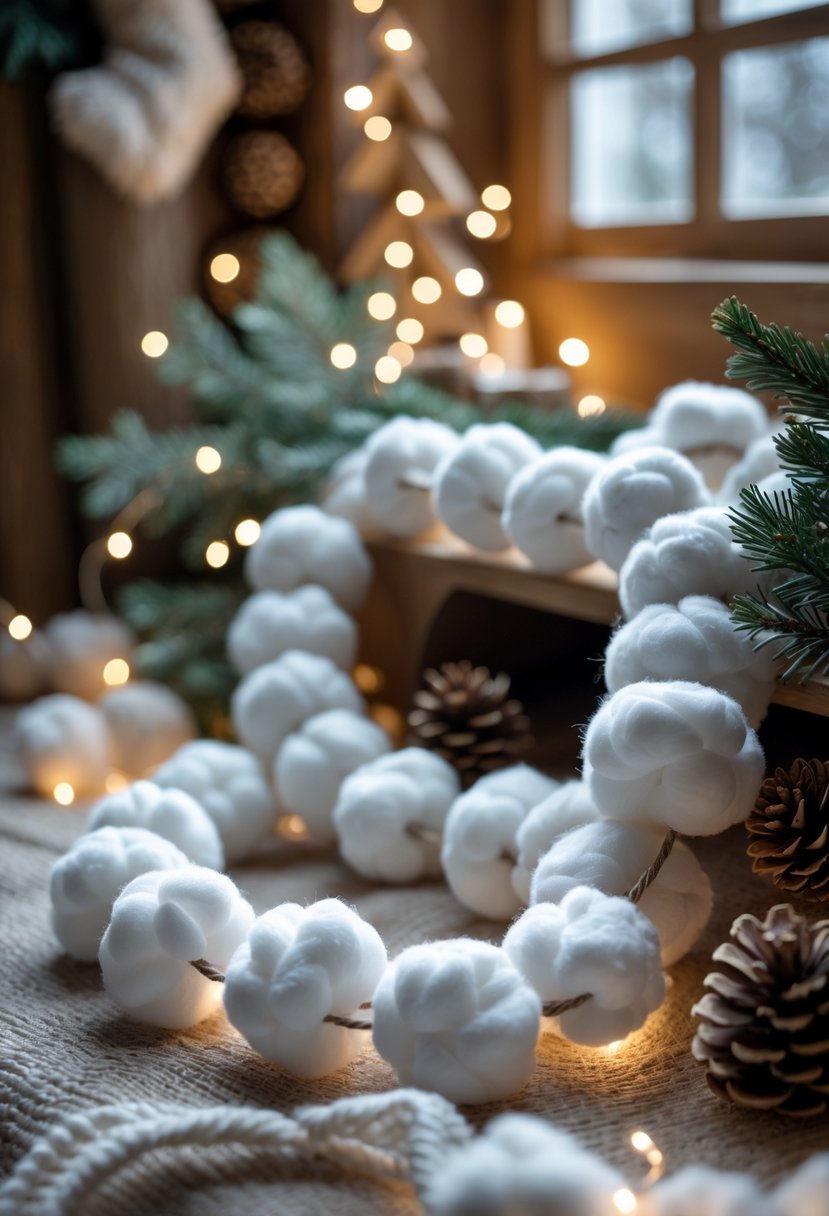 A cotton ball snow garland hanging indoors with pinecones, evergreen branches, and soft lights in the background.