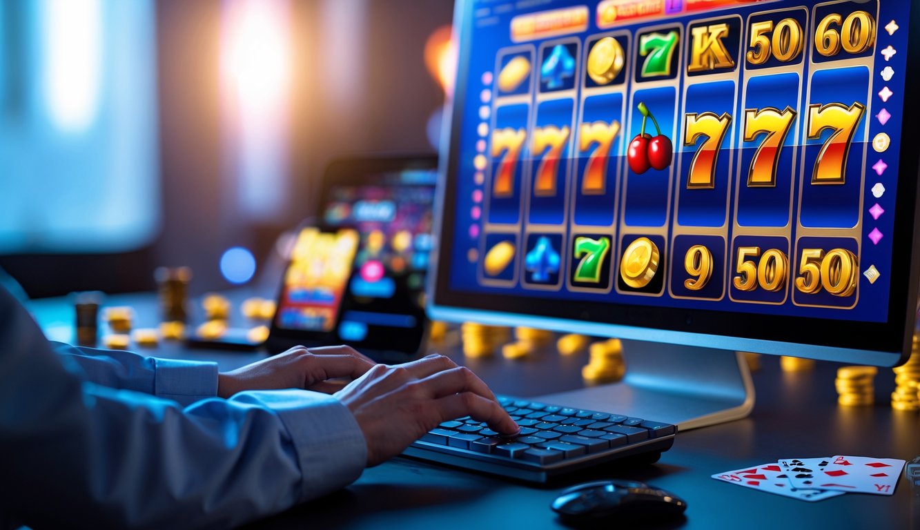 Seseorang bermain game slot online dengan layar komputer menampilkan simbol kemenangan dan koin emas.