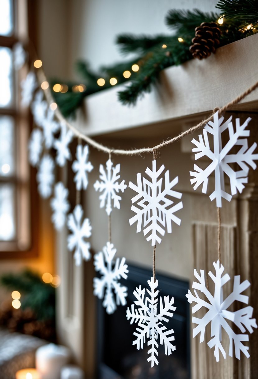 A handmade snowflake garland hanging indoors with white paper snowflakes and cozy winter decorations in the background.