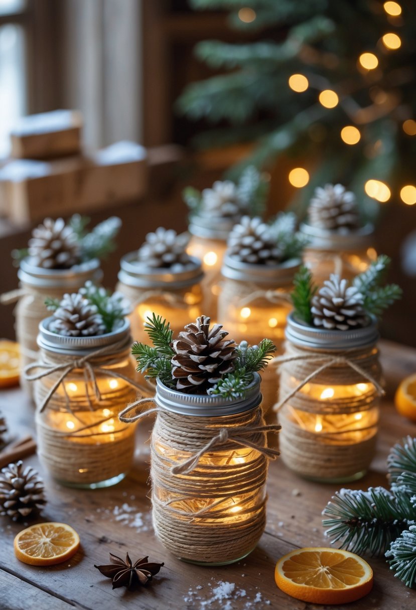 Several mason jars wrapped with twine and decorated with pinecones, evergreen sprigs, and fairy lights on a wooden table with winter decorations around them.