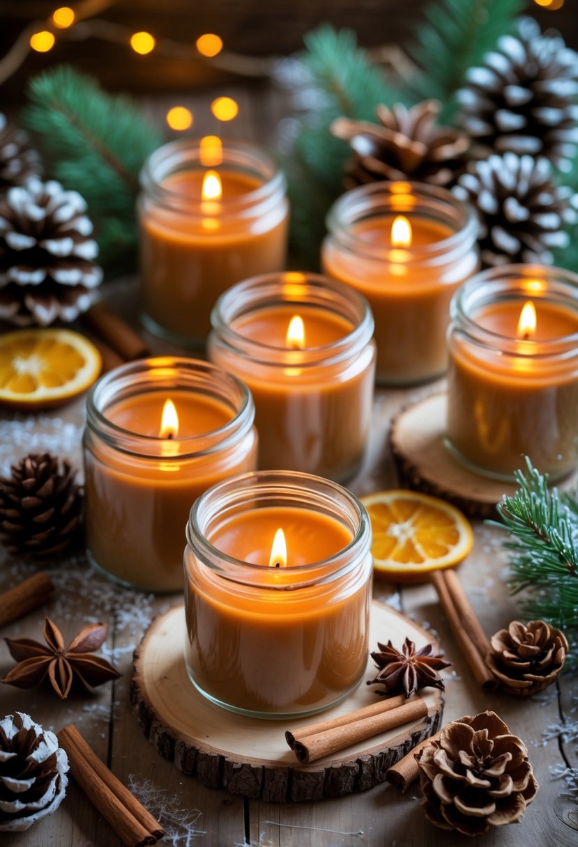 A warm scene with lit cinnamon scented candles surrounded by cinnamon sticks, pine cones, dried orange slices, and evergreen sprigs on a wooden table.
