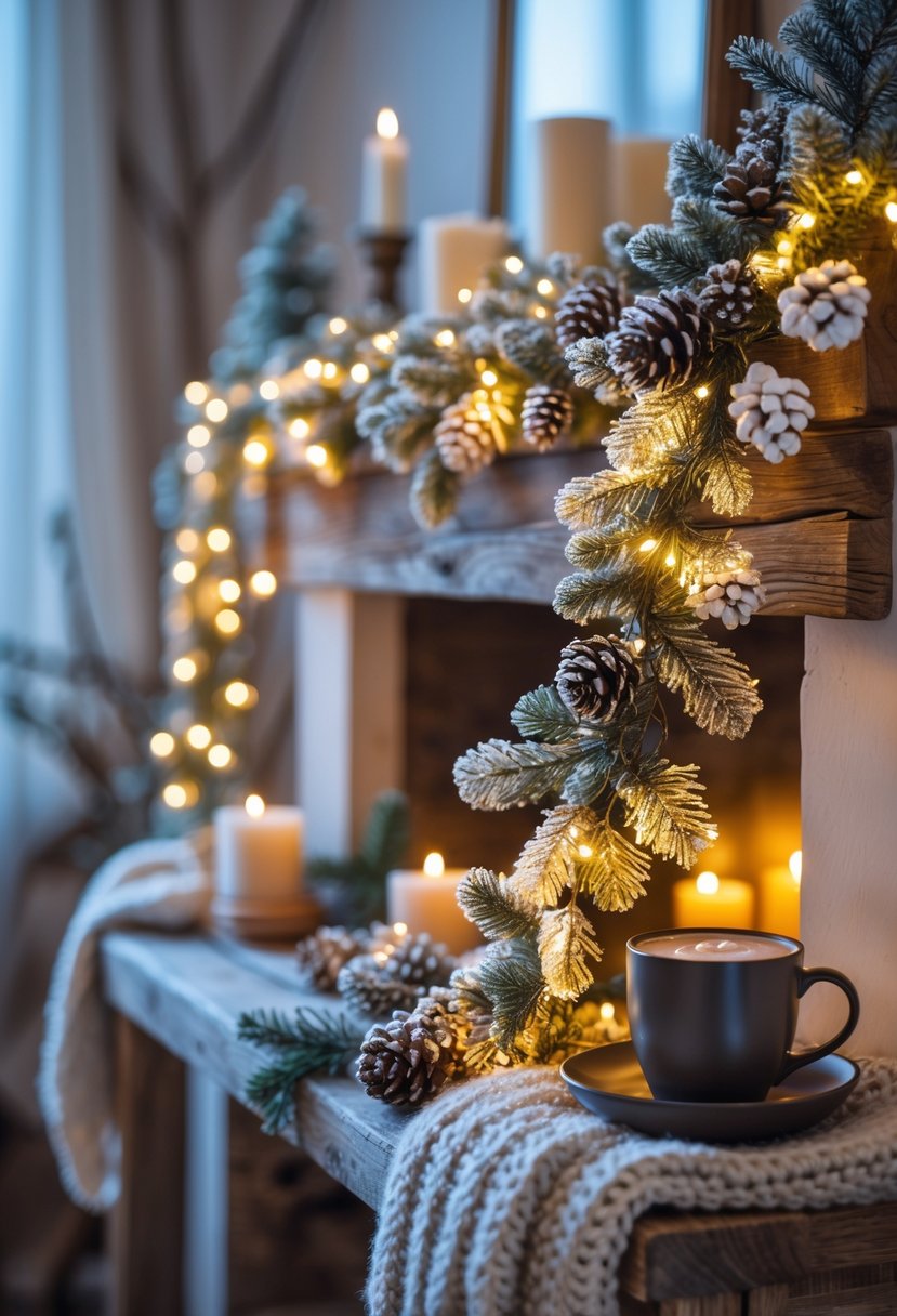 A cozy winter scene with a glowing fairy light garland decorated with pinecones and evergreen branches hanging on a wooden mantel surrounded by candles and blankets.