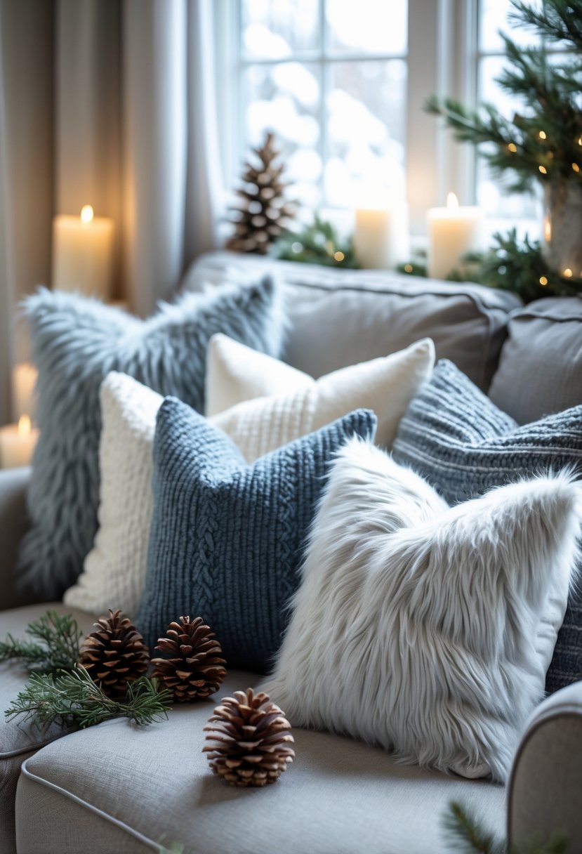 A cozy living room with several faux fur throw pillows on a sofa, surrounded by winter decorations and soft lighting.