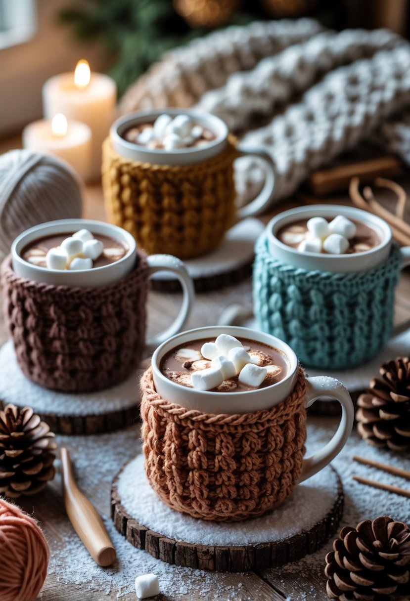 Mugs of hot chocolate wrapped in colorful crocheted cozies on a wooden table with yarn, crochet hooks, and winter decorations.