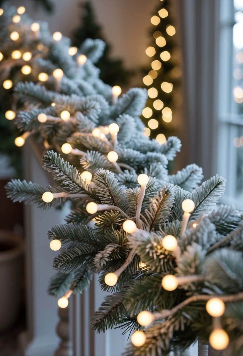 A frosted branch garland decorated with warm white string lights hanging indoors in a cozy winter setting.