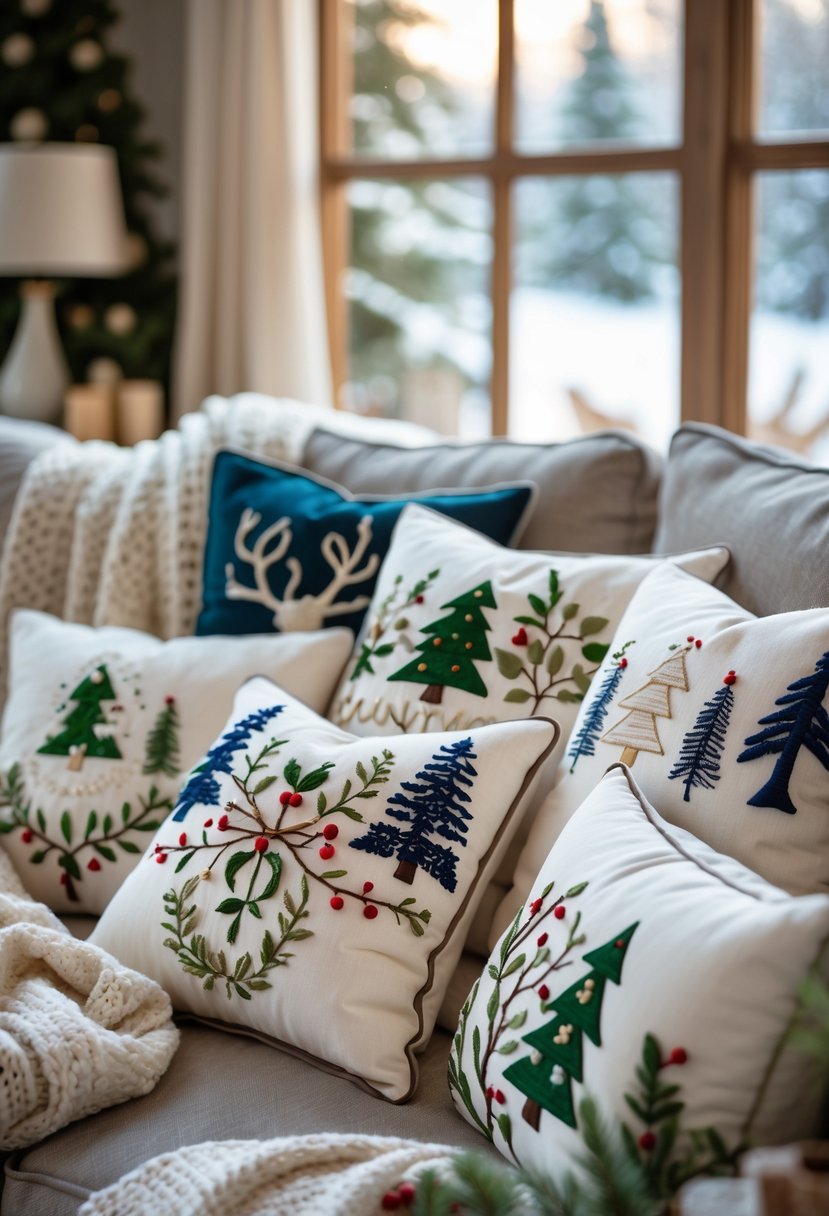 A cozy sofa displaying embroidered winter-themed throw pillows with snowflakes, pine trees, and reindeer designs.