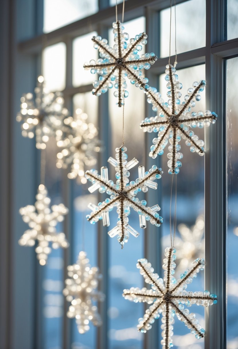 Several beaded snowflake decorations hanging in front of a window with a snowy landscape outside.