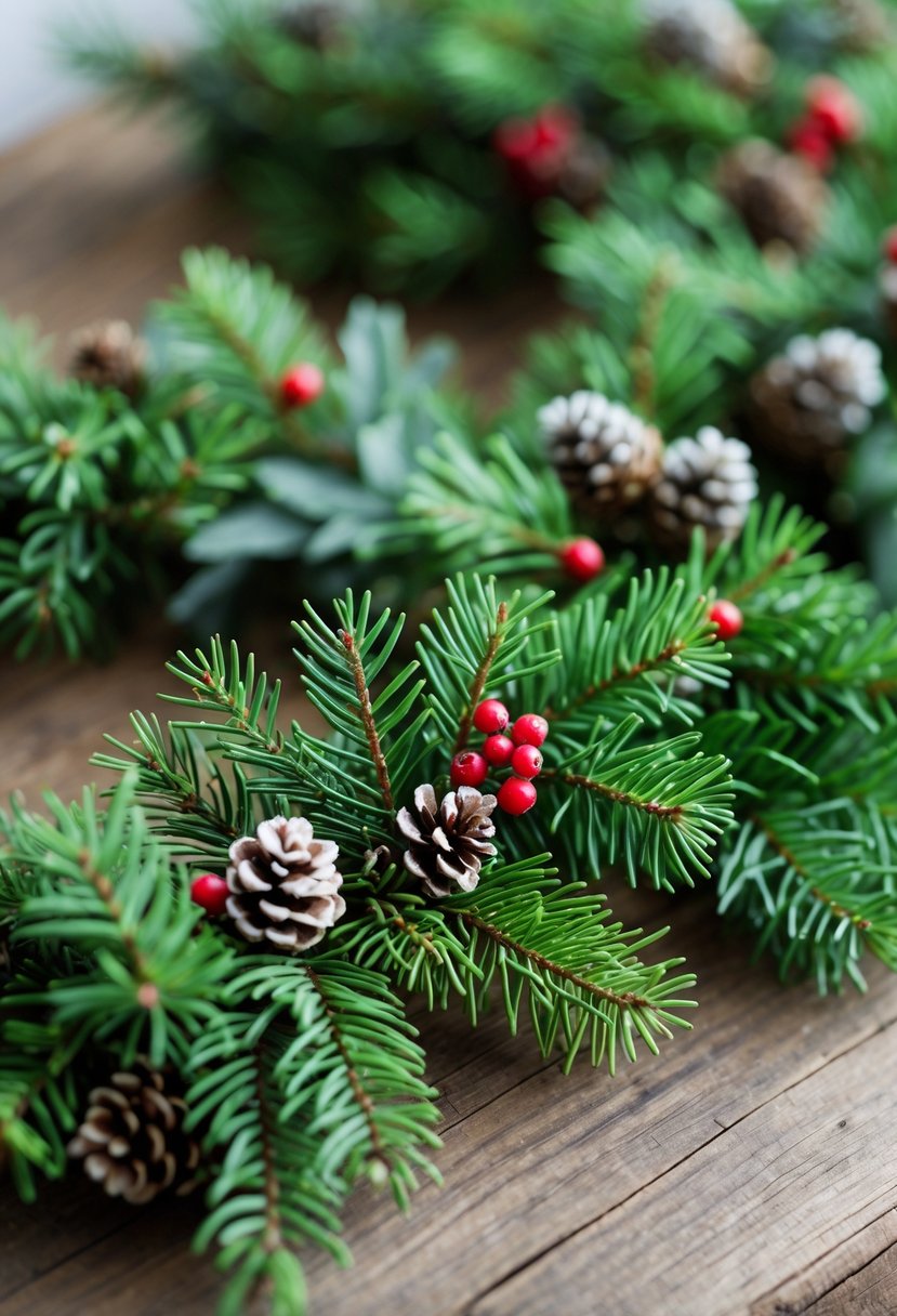 Close-up of a mini evergreen sprig garland with pine branches, pine cones, and red berries on a wooden surface.