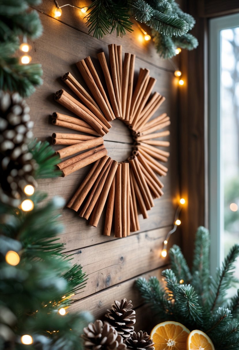 A cinnamon stick wall art displayed on a wooden wall surrounded by winter decorations like pine cones, evergreen sprigs, dried orange slices, and soft fairy lights.
