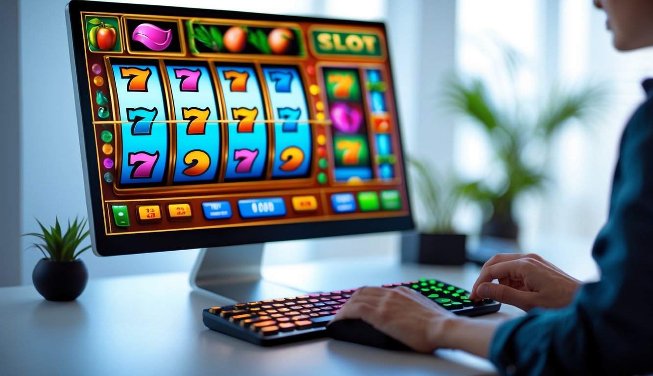 Seseorang sedang bermain permainan slot online di komputer dengan layar menampilkan mesin slot berwarna-warni.