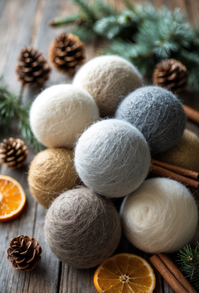 A close-up view of several felted wool dryer balls on a wooden surface surrounded by winter craft decorations like pine cones and evergreen sprigs.