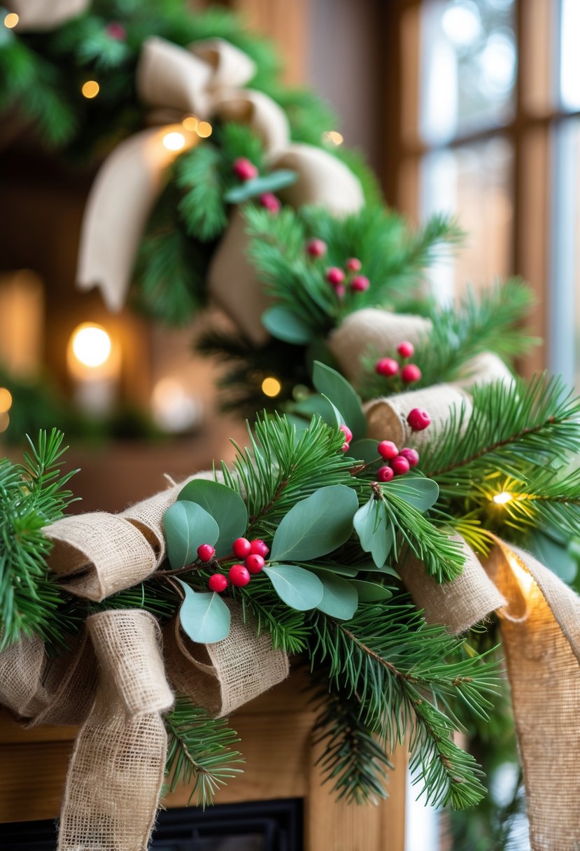A rustic burlap and greenery garland draped indoors with pine branches and winter berries.