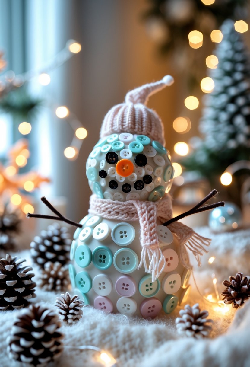 A button snowman decoration surrounded by winter-themed crafts and warm holiday decorations on a cozy indoor table.