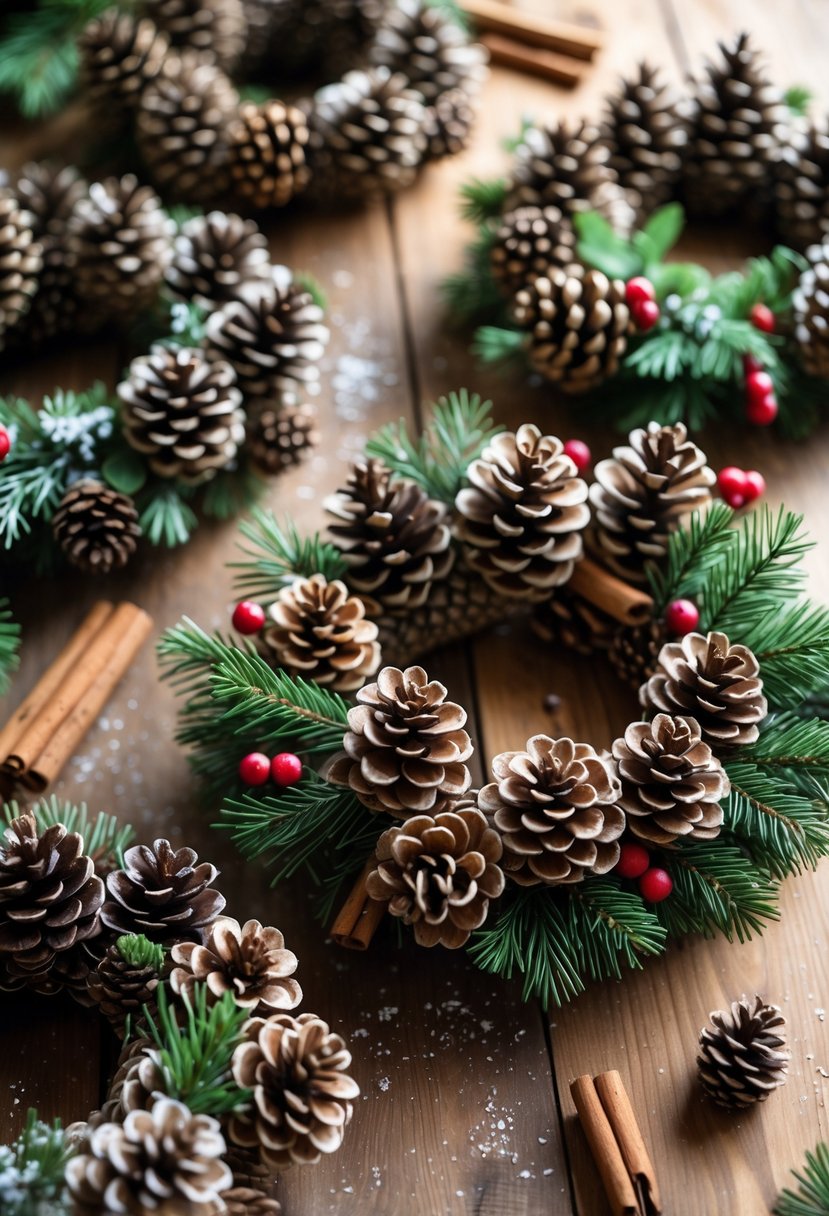 A collection of rustic pinecone wreaths decorated with evergreen sprigs and red berries on a wooden surface.