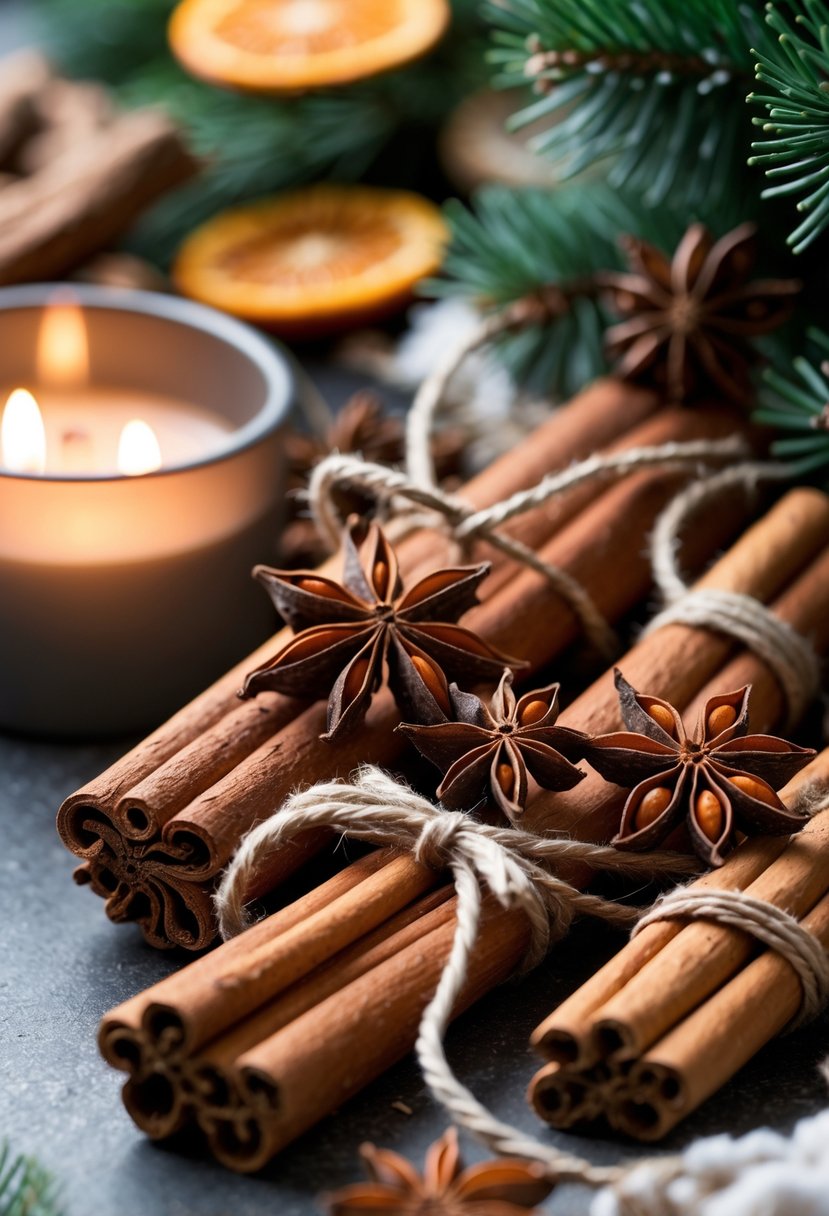 Close-up of a winter garland made from cinnamon sticks and star anise pods arranged with pine branches and dried orange slices.