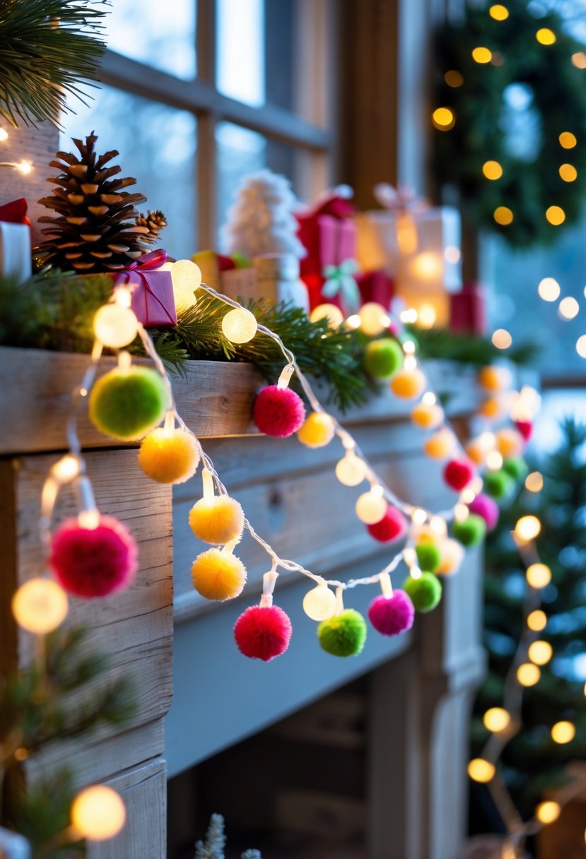 A pom-pom garland with fairy lights draped over a mantel decorated with winter crafts and pine cones.