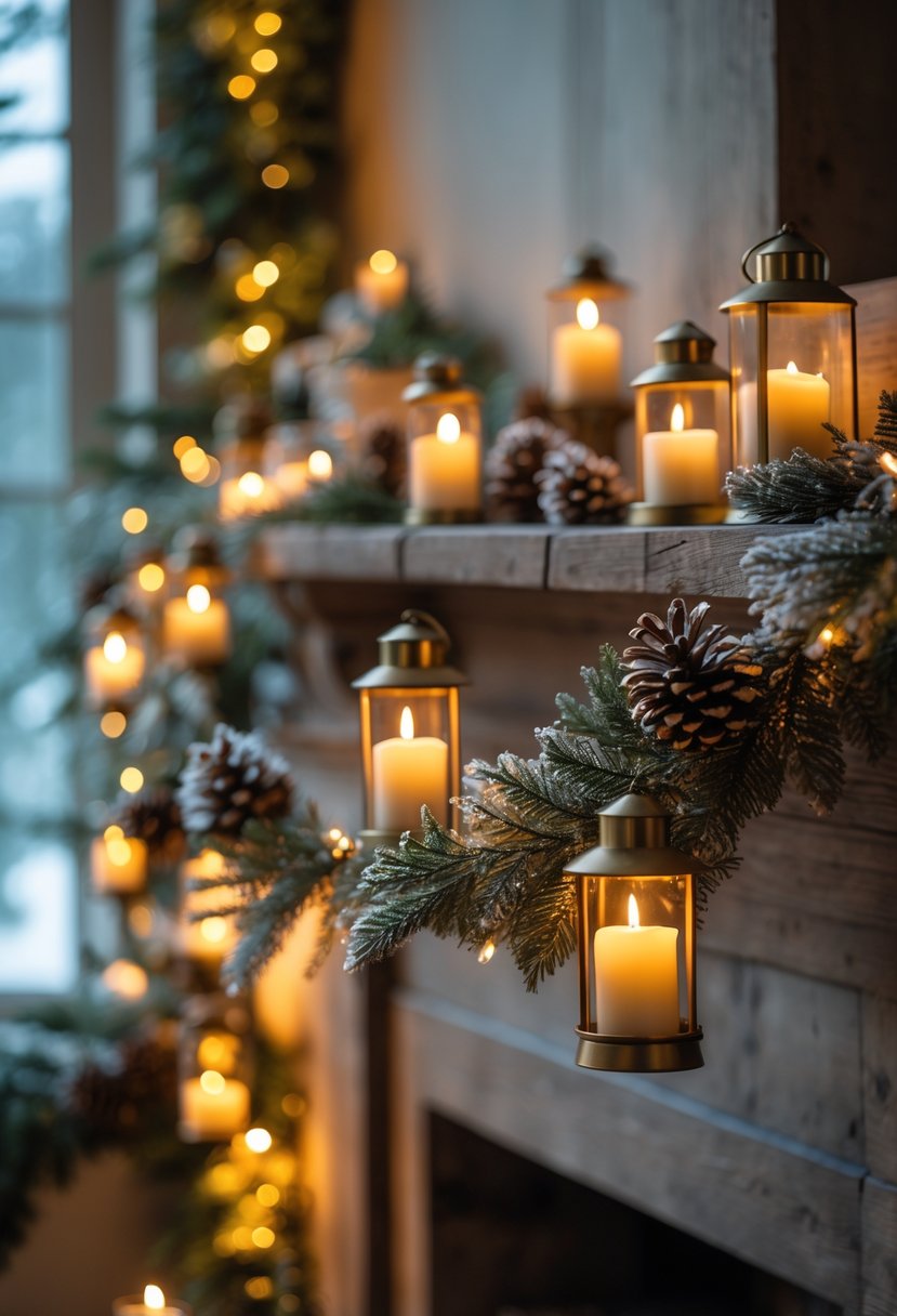 A cozy winter scene with a garland of lanterns and candles glowing softly, decorated with pine branches and pinecones on a wooden mantelpiece.