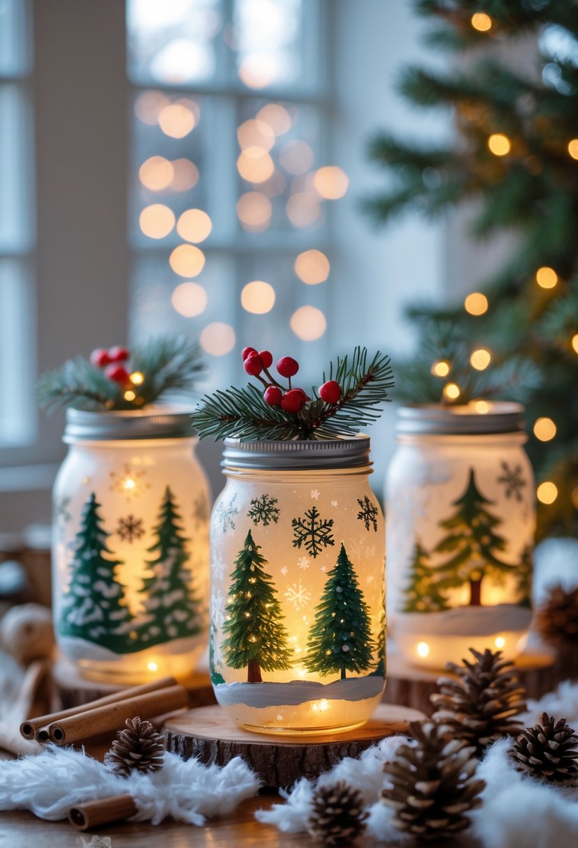 A group of hand-painted mason jars with winter-themed designs glowing softly on a wooden table surrounded by pine cones and evergreen sprigs.