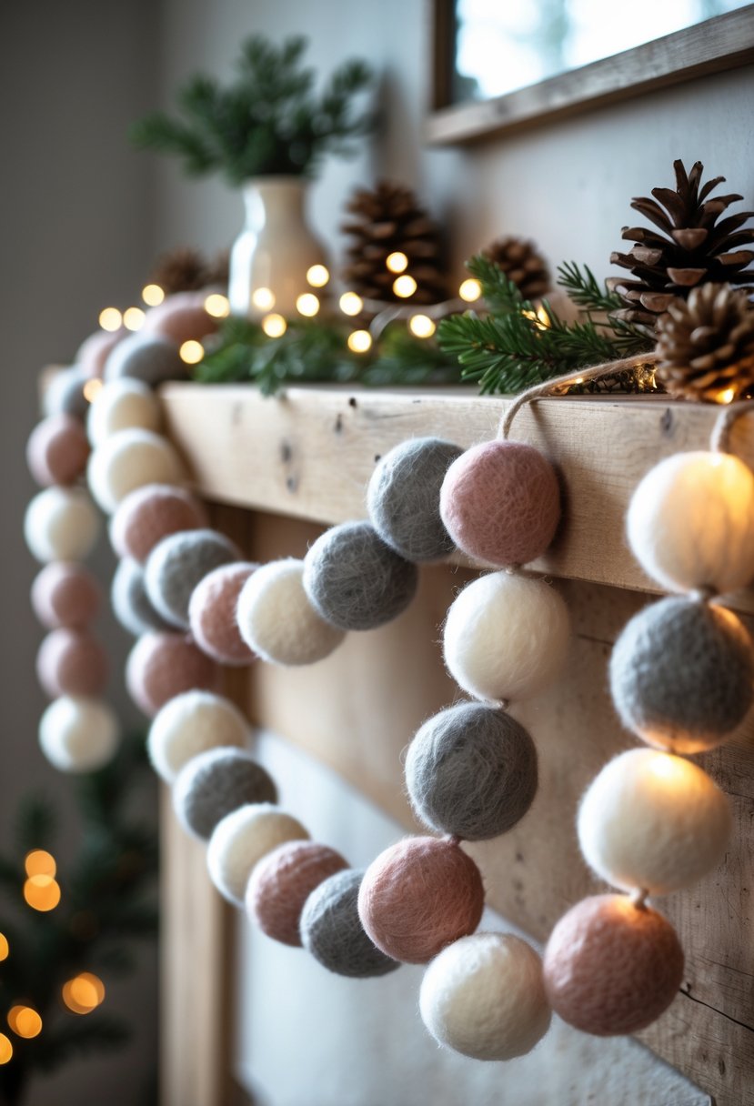 A cotton and felt ball garland draped over a wooden mantel with pine cones, evergreen sprigs, and soft glowing lights in a cozy winter setting.