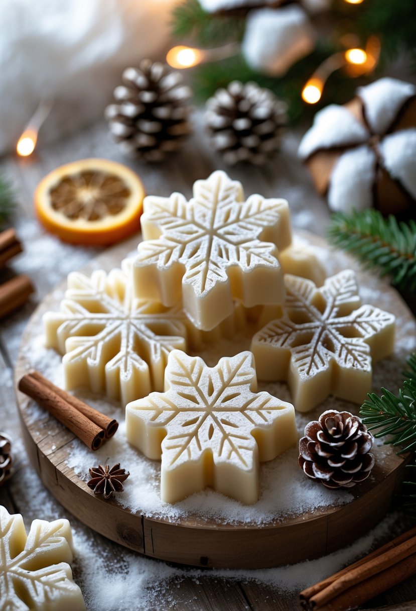 An arrangement of winter-themed soy wax melts shaped like snowflakes and pine cones on a wooden table with winter craft supplies and soft lighting.