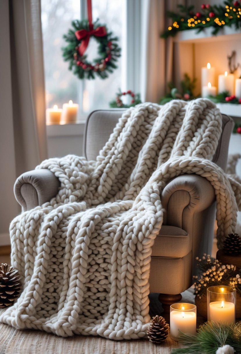 A cozy living room with a chunky knit blanket on an armchair surrounded by winter-themed crafts and decorations.