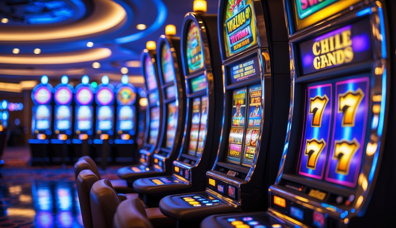 Deretan mesin slot berwarna-warni di dalam kasino modern yang terang dan rapi.