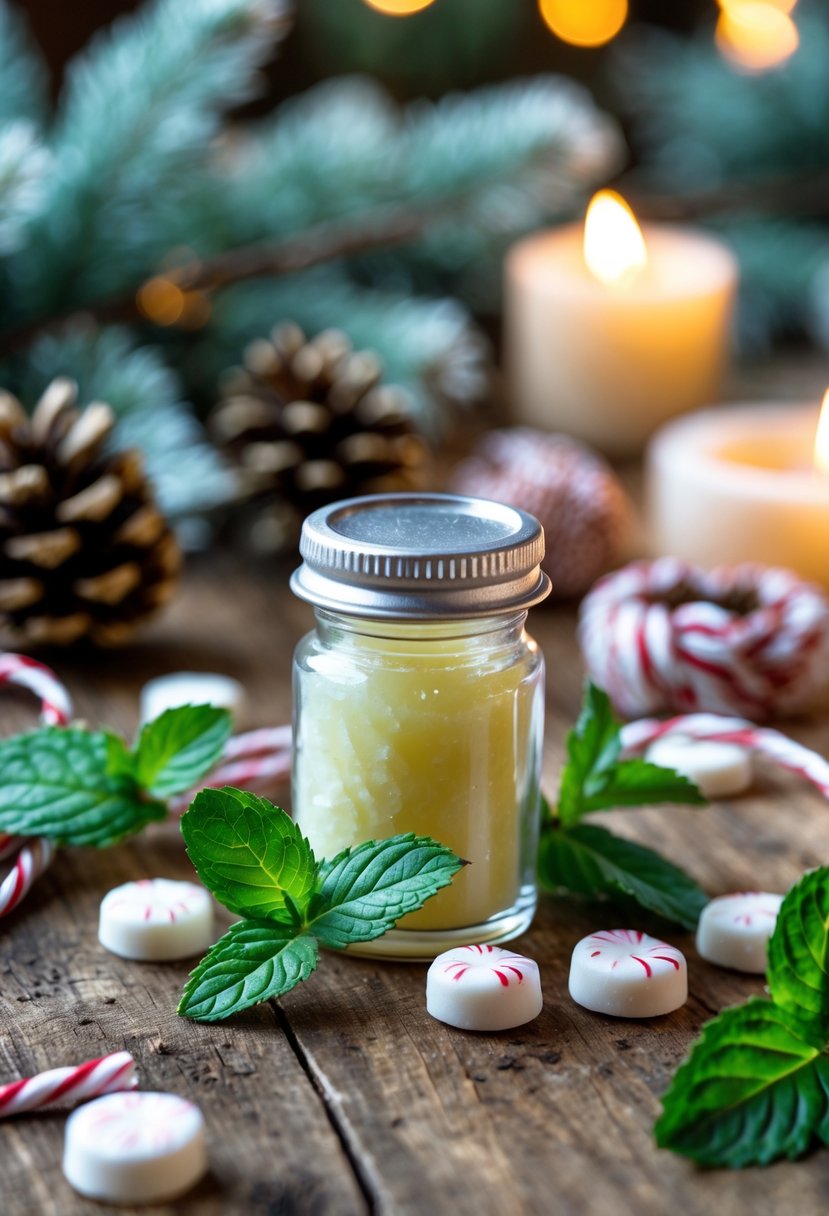 A jar of homemade peppermint lip balm on a wooden table surrounded by peppermint leaves, candies, pinecones, and winter craft decorations.