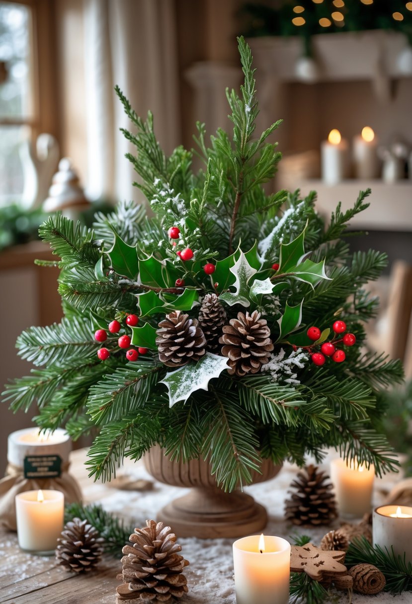 A natural evergreen centerpiece with pine branches, holly berries, pinecones, and winter crafts arranged on a wooden table in a cozy home setting.