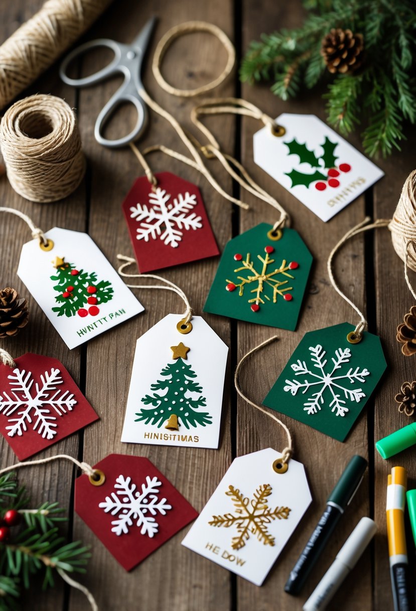 A collection of handmade holiday gift tags with winter designs arranged on a wooden table alongside crafting supplies.