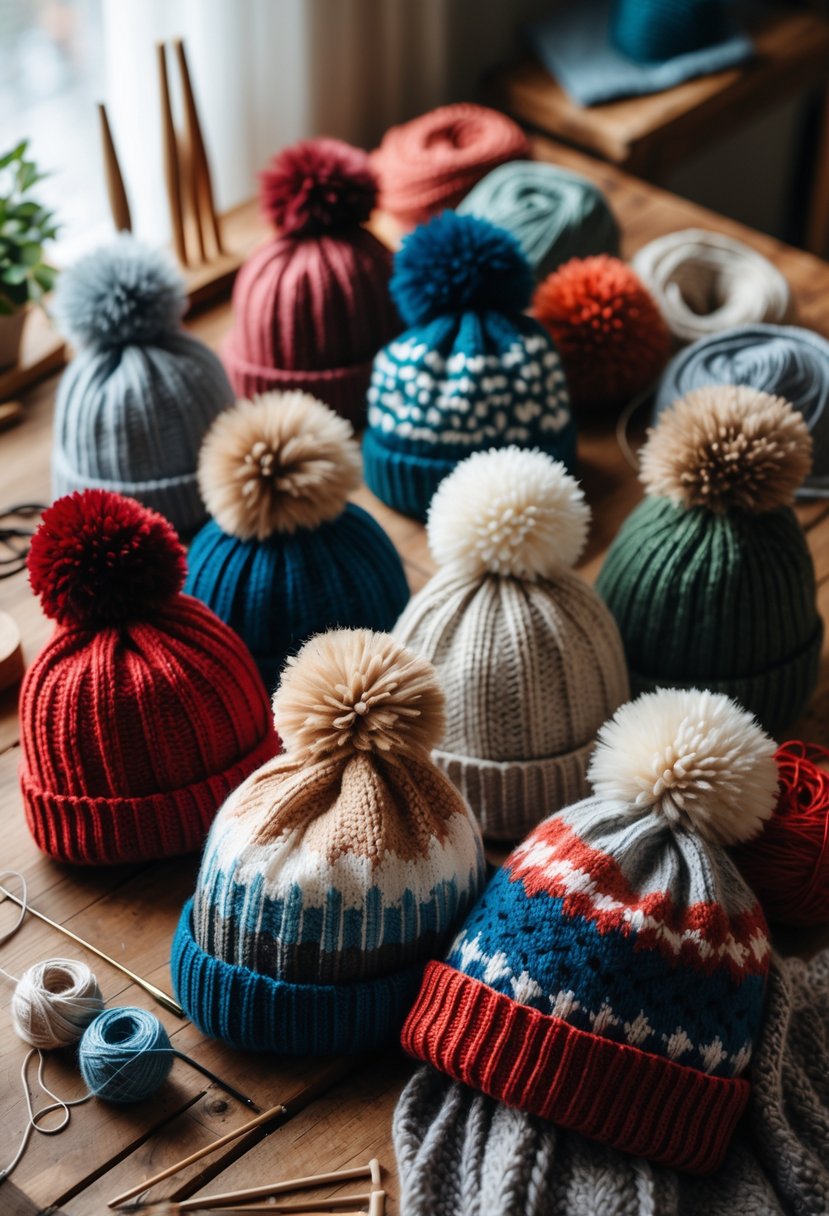 A collection of colorful pom-pom beanie hats displayed on a wooden table with yarn and knitting supplies around them.