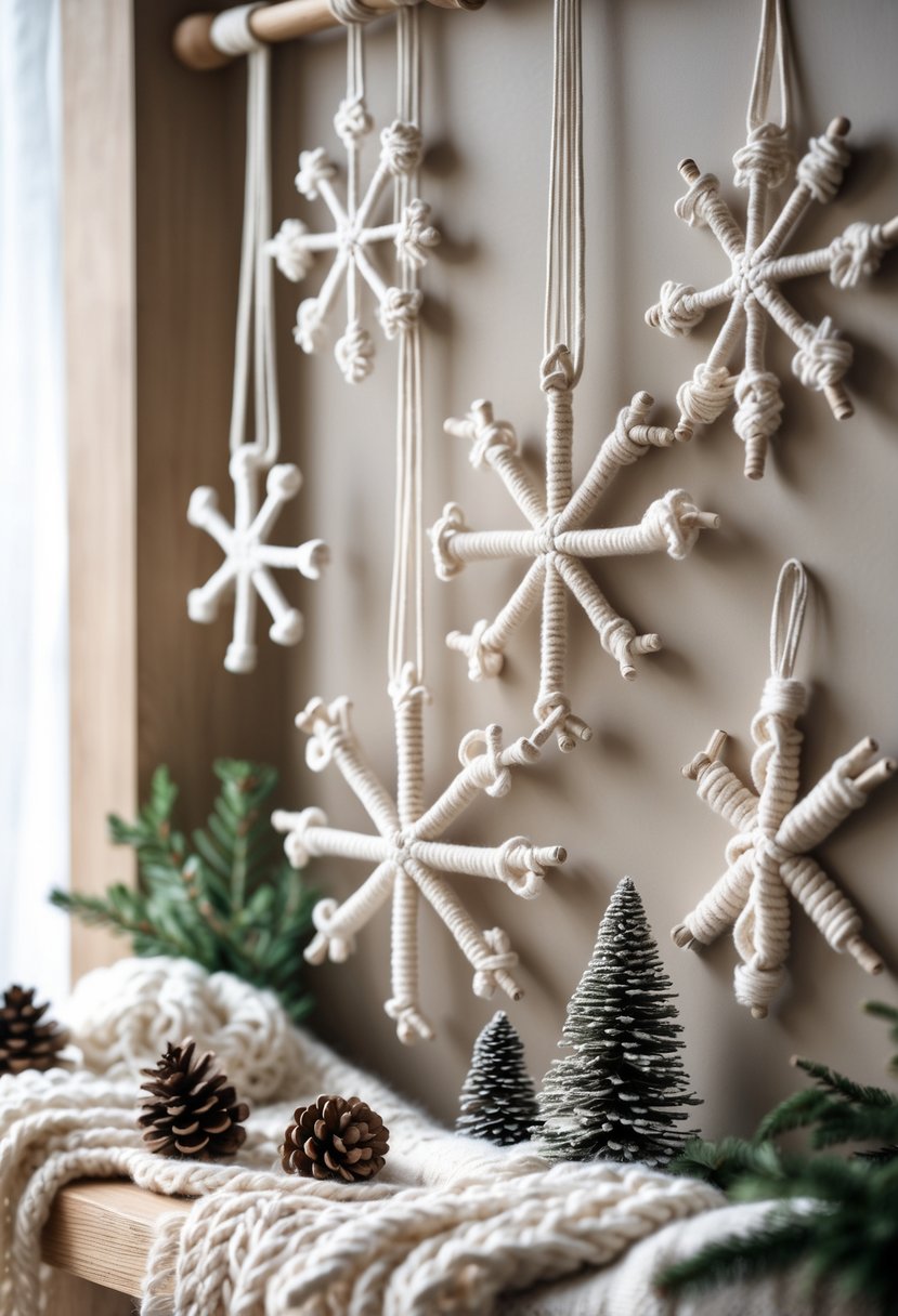 A display of white macramé snowflake wall hangings arranged on a wooden surface with winter-themed decorations nearby.