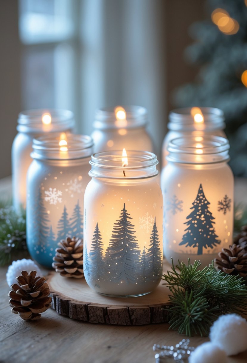 A collection of painted mason jar lanterns with winter designs glowing warmly on a wooden table surrounded by pine cones and evergreen sprigs.