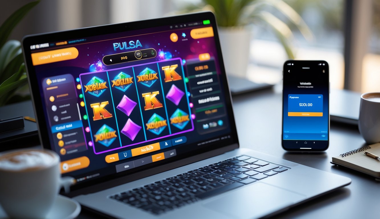 Seorang pengguna sedang bermain slot online dengan laptop dan melihat aplikasi pembayaran pulsa di ponsel.