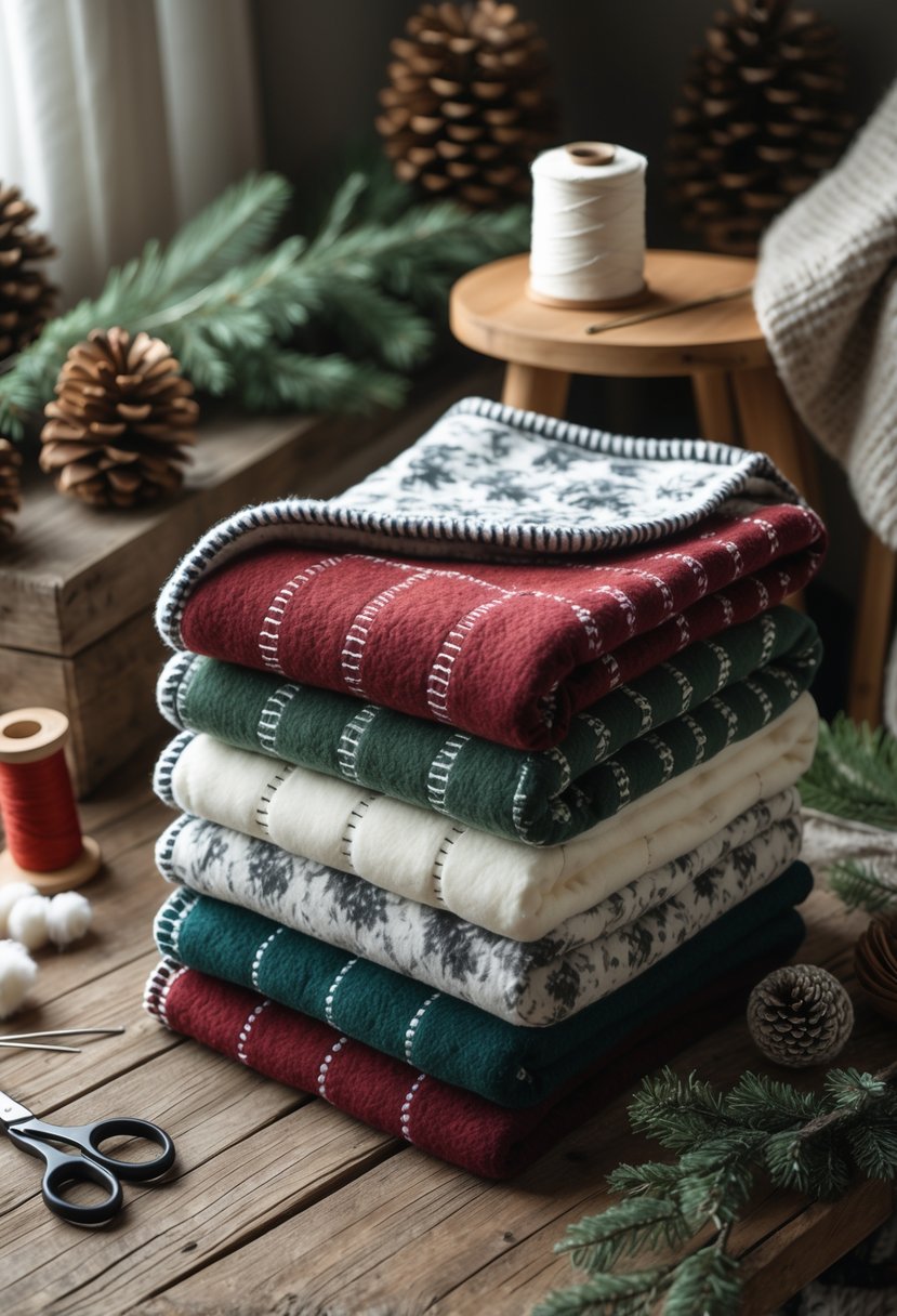 Neatly folded hand-stitched fleece blankets on a wooden table surrounded by sewing supplies and winter decorations.