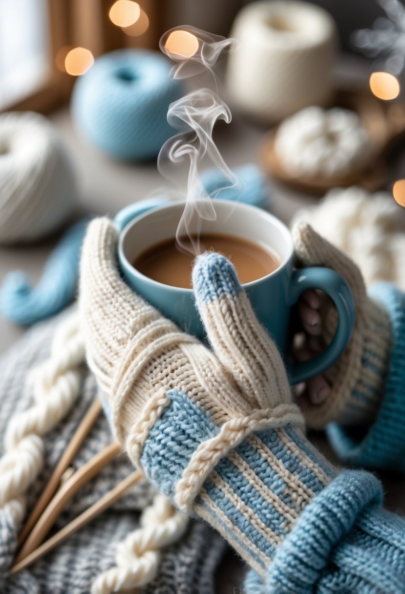 Hands wearing knitted fingerless gloves holding a steaming mug with yarn and knitting supplies in the background.