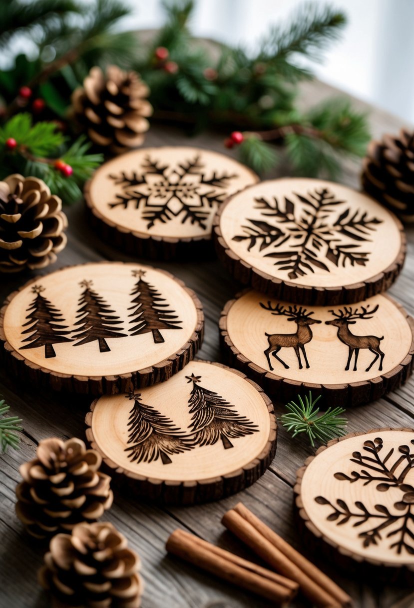 A set of wood-burned coasters with winter designs arranged on a wooden table surrounded by pine cones and evergreen sprigs.