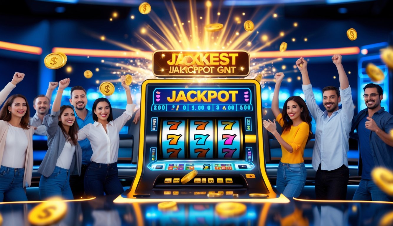 Orang-orang bahagia merayakan kemenangan jackpot besar pada permainan slot online dengan mesin slot digital yang berwarna-warni dan lampu yang menyala.