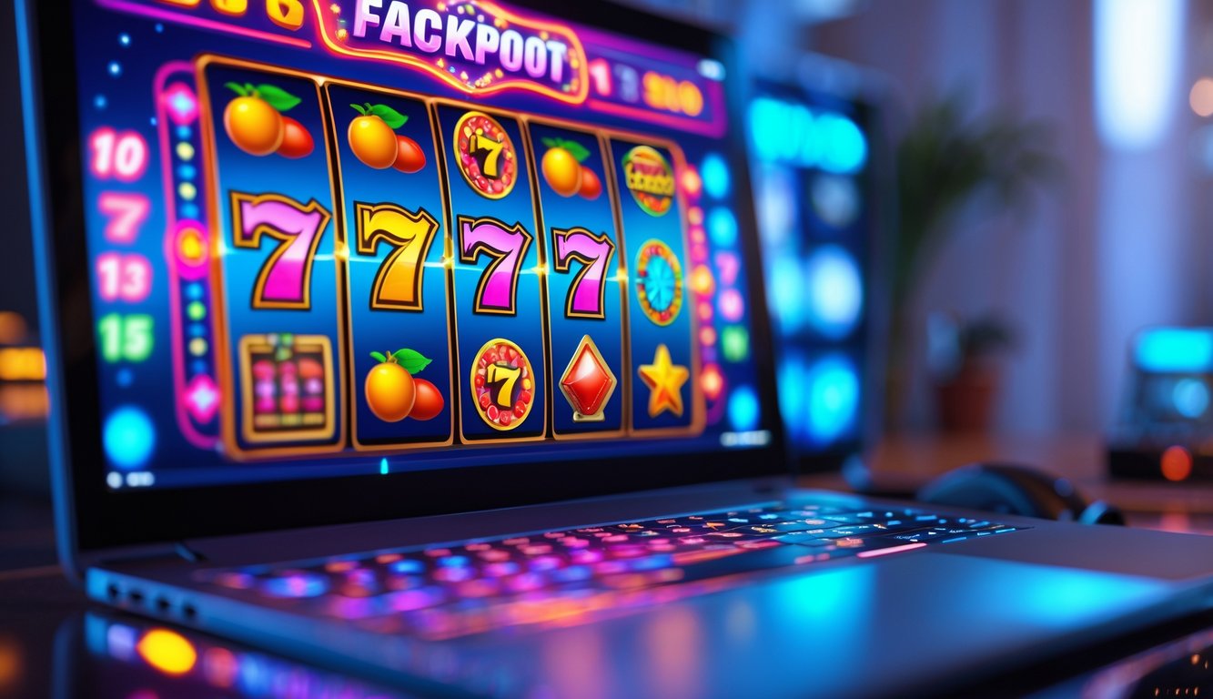 Layar komputer menampilkan permainan slot online dengan simbol warna-warni dan latar belakang ruangan modern.