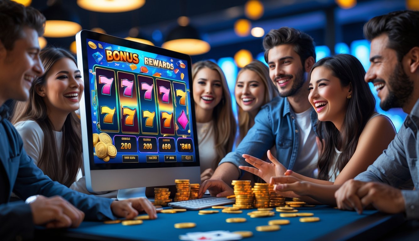 Sekelompok orang muda sedang bermain mesin slot online dengan layar komputer besar di ruangan yang terang dan nyaman.