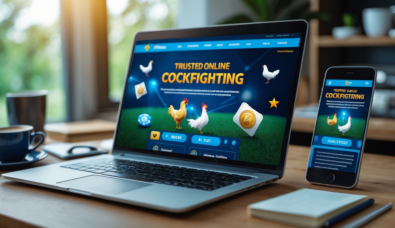 Seseorang menggunakan laptop dan ponsel di meja kerja dengan suasana nyaman, menampilkan antarmuka situs sabung ayam online terpercaya.