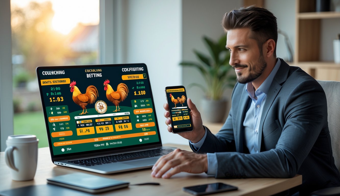 Seorang pria duduk di meja kerja dengan laptop dan ponsel yang menampilkan situs judi sabung ayam online.
