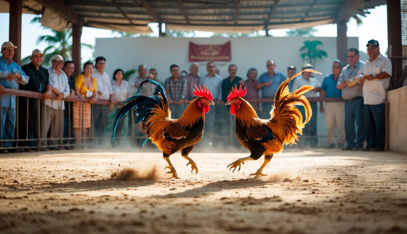 Dua ayam jago sedang bertarung di arena dengan penonton yang menyaksikan dengan antusias.