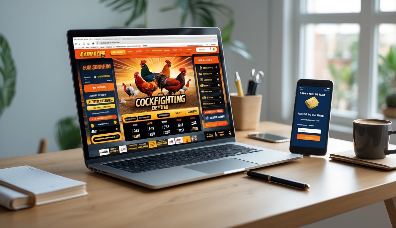 Seorang pengguna sedang menggunakan laptop dan ponsel untuk memasang taruhan sabung ayam secara online di ruang kerja yang terang dan rapi.