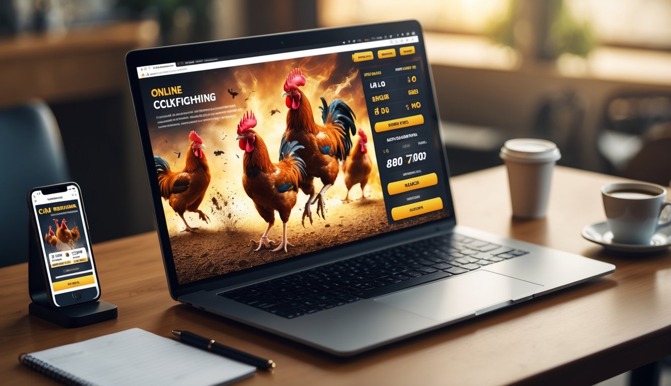 Sebuah laptop di atas meja kayu dengan layar menampilkan grafik ayam aduan dan elemen taruhan online, dikelilingi oleh smartphone, cangkir kopi, dan buku catatan.