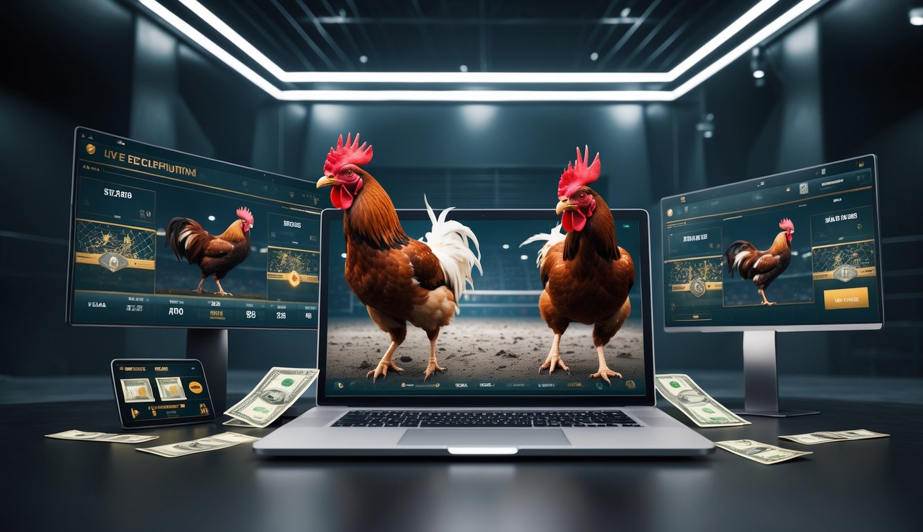 Suasana arena sabung ayam online dengan dua ayam jago sedang bertarung di layar komputer dan elemen transaksi uang nyata di sekitar.