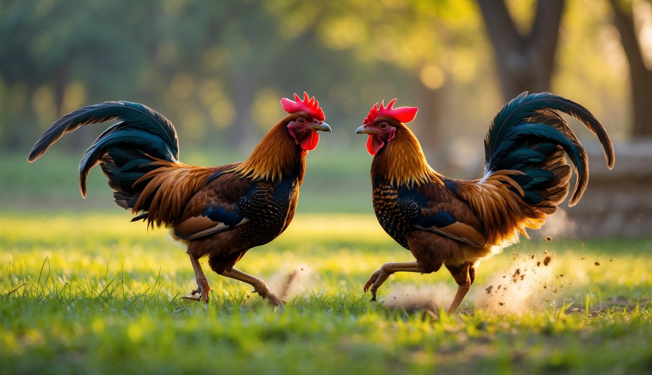 Dua ayam jantan sedang berhadapan di luar ruangan dengan latar rumput hijau dan sinar matahari lembut.
