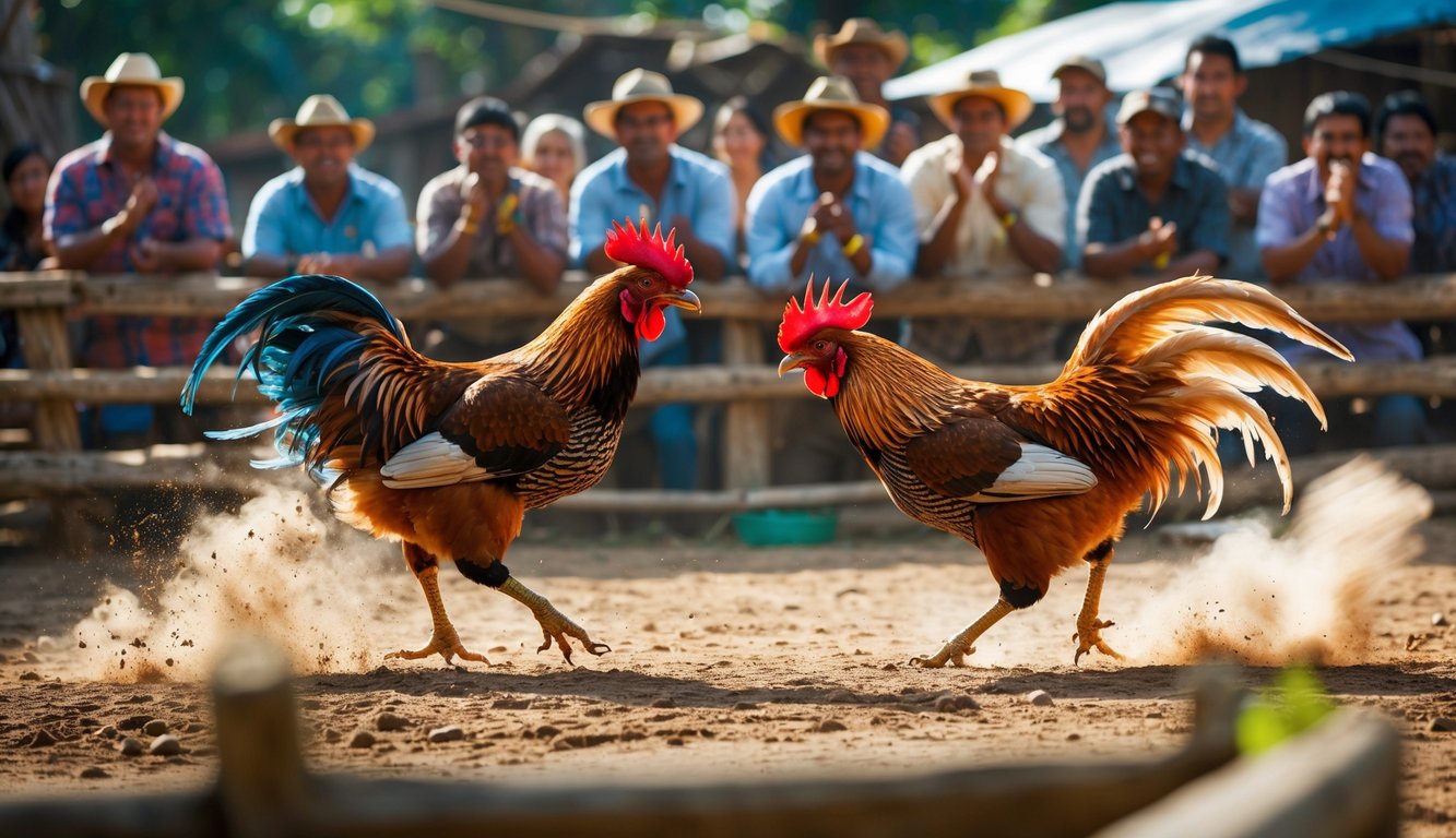 Dua ayam jago sedang bertarung di arena dengan penonton yang memperhatikan di sekitarnya.